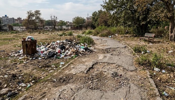 Park near Minhaj University Lahore awaits government attention, citizens worried by piles of garbage and stench